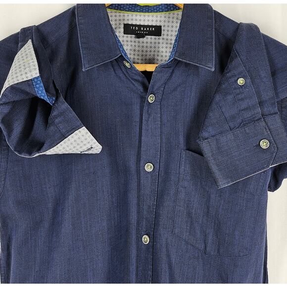 TED BAKER LONDON BUTTON-UP DRESS SHIRT – LONG SLEEVE – SIZE MEDIUM – DARK DENIM - Picture 14 of 16